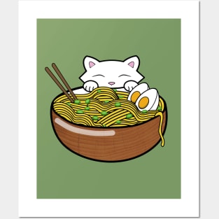 Cute cat eating ramen noodles from a wooden bowl Posters and Art